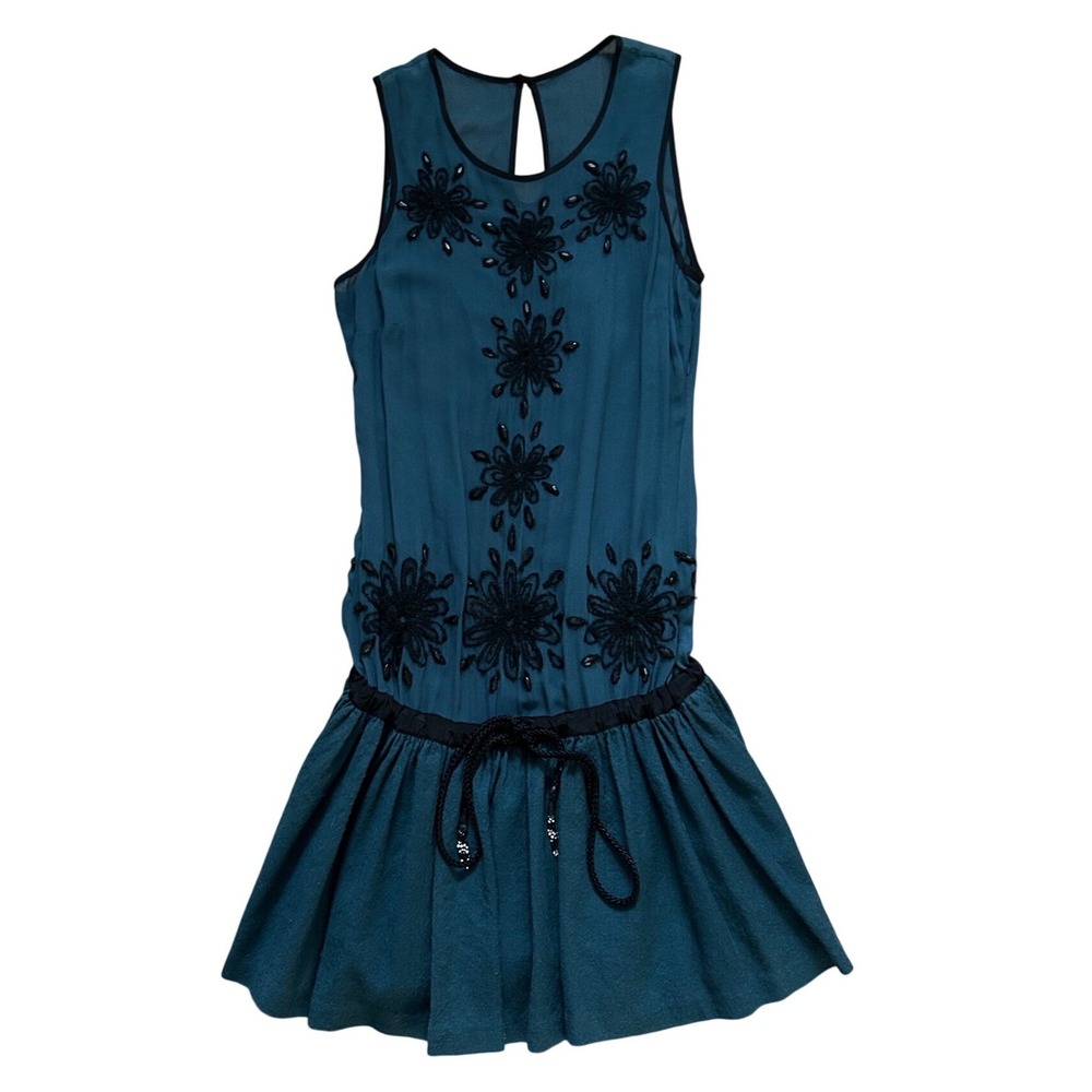 Plenty Tracy Reese Teal Silk Wool Beaded Floral Drop Waist‎ Dress 2 Whimsygoth